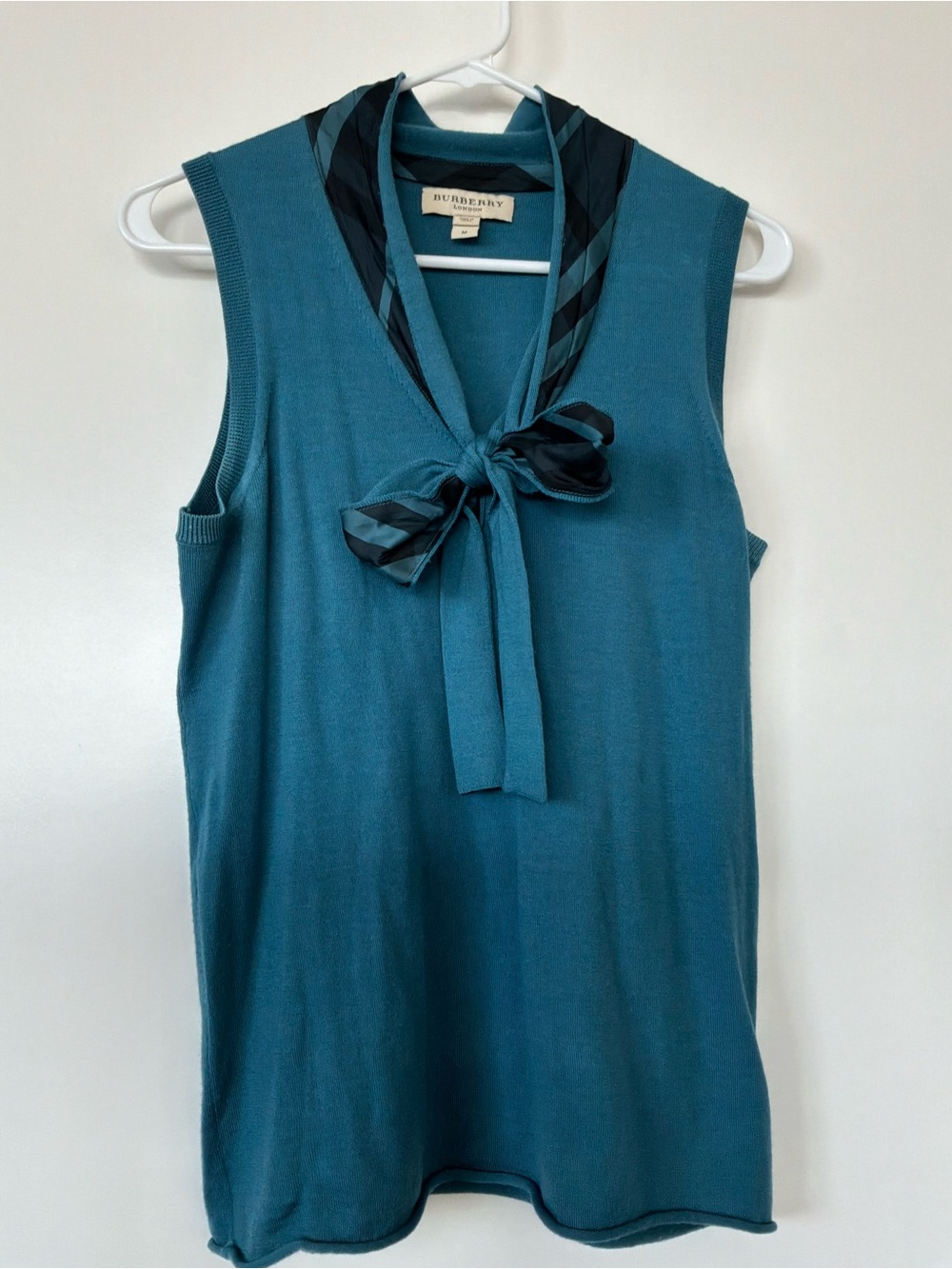 Burberry Teal Sleeveless Tie-Neck Knit Top with Stripe Accent